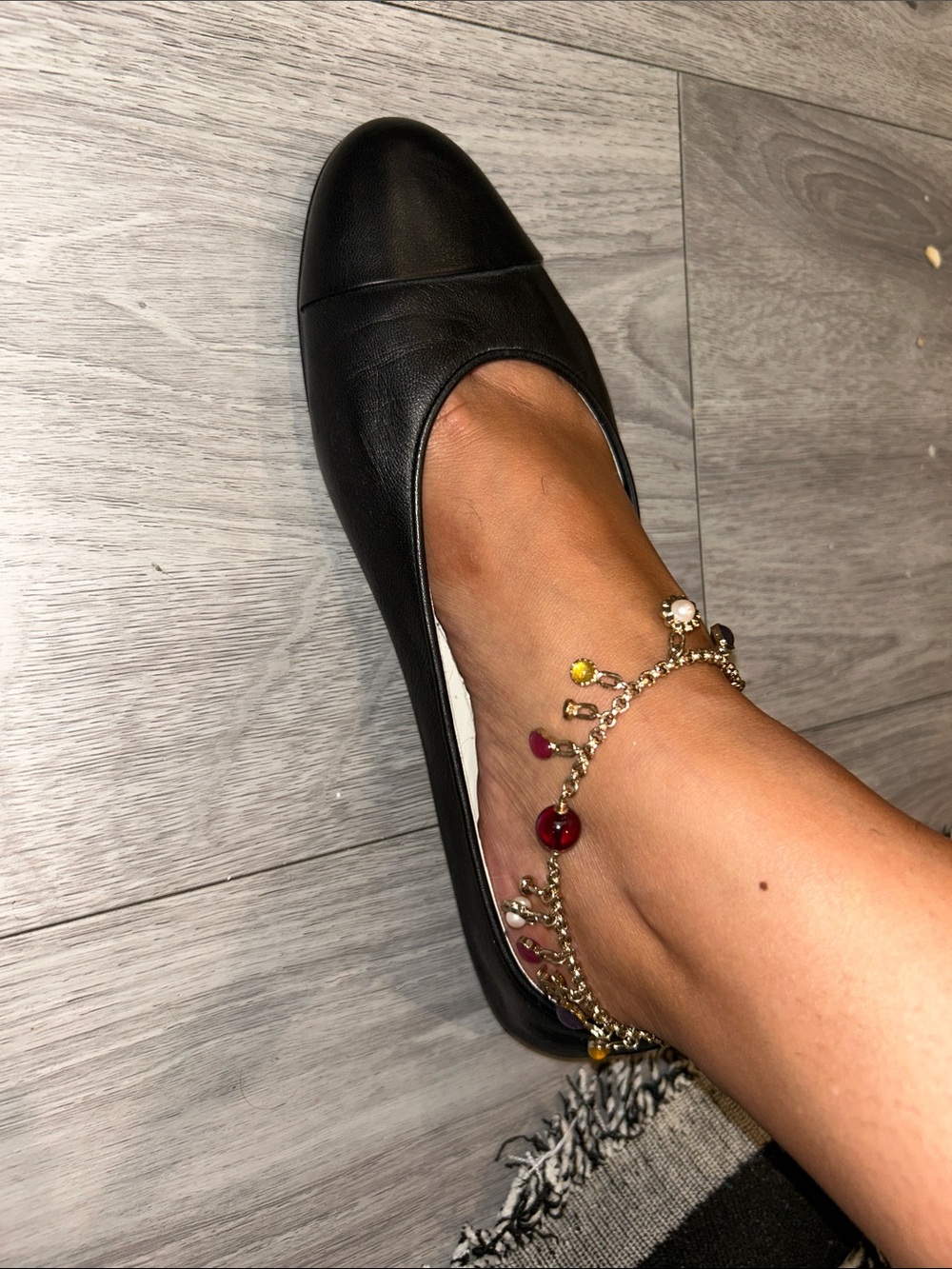 CHANEL Vintage Black Ballet Flat with Gold Beaded Anklet Chain Eu 40